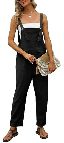 Vanchenl Women's Casual Loose Cotton Linen Overalls Summer Baggy Adjustable Jumpsuits Rompers Harem Pants