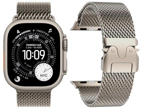 Milanesiskt mesh-armband kompatibelt med Apple Watch Ultra 2/Ultra 49 mm, 46 mm, 45 mm, 44 mm, 42 mm (Serie 3 2 1), för män och kvinnor, fallskärmsspänne för iWatch 10, 9, SE, 8, 7, 6, 5, 4, 42mm