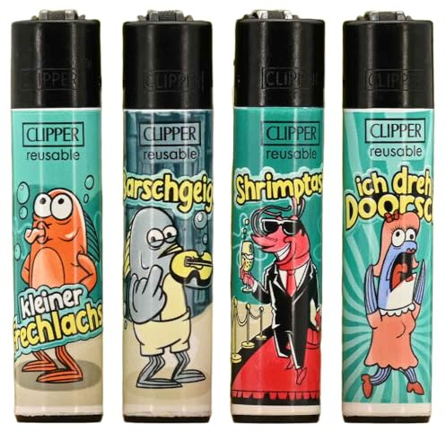 Clipper Feuerzeuge 4er Set Nachfüllbar & Wiederverwendbar Buntes Design Perfekt für unterwegs & Zuhause (Fechlachs)