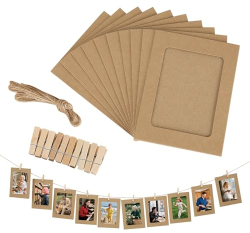 30 Pcs Cardboard Photo Frames, 4x6 Inch Cardboard Frames with Wooden Clips and String Hanging, Hanging Paper Picture Frames DIY Creative Photo Frames for Home Wall Decor (Brown)