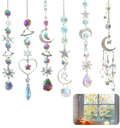 6 Stück Aufhängen Kristalle Suncatcher, Sonnenfänger Basteln, Silber Mond Stern Regenbogen Kristalle Anhänger, Rainbow Prism Suncatcher, Kristall Sonnenfänger Perfekt für Wohnraum & Garten