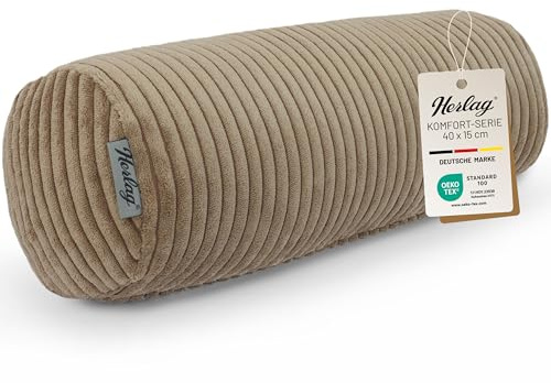 Herlag Kissenrolle Ella Hellbraun 40x15cm - Kleine Nackenrolle aus Kord - Handliches Nackenstützkissen für Reisen - Weiche Komfortrolle für Erwachsene & Kinder - Waschbare Dekokissenrolle