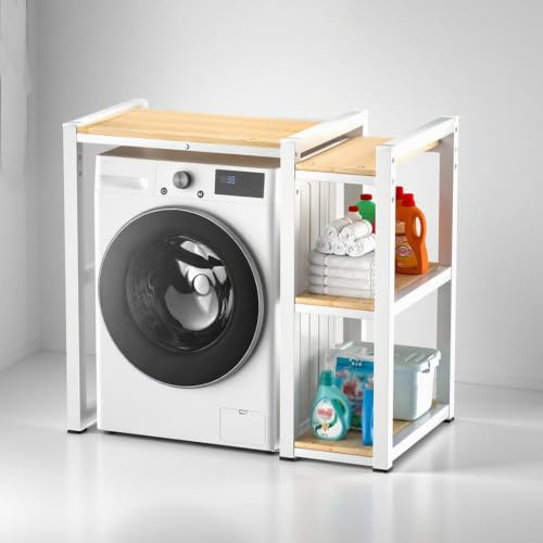 Armario Lavadora Secadora Ajustable Altura, Estante Lavadora con Patas Antideslizantes, Mueble Torre De Almacenamiento con Estantería Lateral 3 Niveles(White)