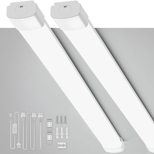 AUATZ Plug in Light 4FT 2PCS Linkable LED Utility Shop Light Fixture, 5000K Plug in Ceiling Light, 36W Overhead Lighting Bar for Room Workbench Cabinet Closet Garage, IP65 Waterproof TubeLight