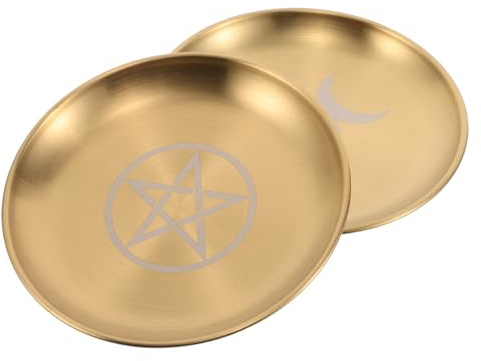 ERINGOGO 2 Pièces Lot de 2 Plateaux d'Autel Pentagramme en Acier Inoxydable Doré, Motifs Phases Lunaires, Plateaux Décoratifs Mystiques Multifonctions pour Rituels Wiccan, Rangement Bijoux