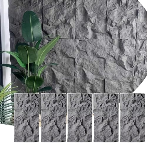 Panneaux muraux extérieurs en Imitation Pierre 3D, 60 x 120 cm, Papier Peint pour Murs intérieurs, Panneaux muraux texturés en PU à Poser soi-même (Gris, Lot de 5).