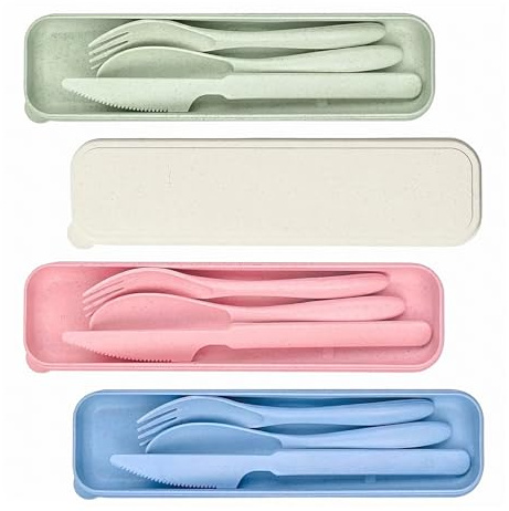 4 Set Posate in Plastica Portatile, per Scuola Picnic Viaggi, 4 Colori | Posate Plastica Rigida Lavabili, Riutilizzabili Posates da Campeggio con Custodia, Coltelli, Forchette, Cucchiai, B