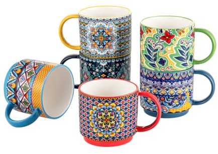 HENXFEN Ledmuggar set porslin, 35 ml kaffemugg med handtag set med 6, färgglada stapelbara koppar för latte/cappuccino/Cocoa – bohemisk stil