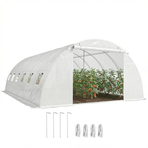 Outsunny Invernadero de Exterior 6x4x2 m con 2 Varillas de Soporte Blanco | Invernadero de Túnel, Puertas Enrollables, Ventanas de Malla, Cubierta PE, Marco de Acero Galvanizado, Anti-UV, Impermeable