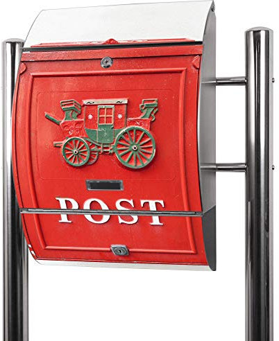 banjado® Standbriefkasten Edelstahl mit Zeitungsfach Motiv Postkasten Nostalgie/Briefkasten mit Standfuß/Edelstahl Briefkasten freistehend - A4 Einwurf inkl. 2 Schlüssel