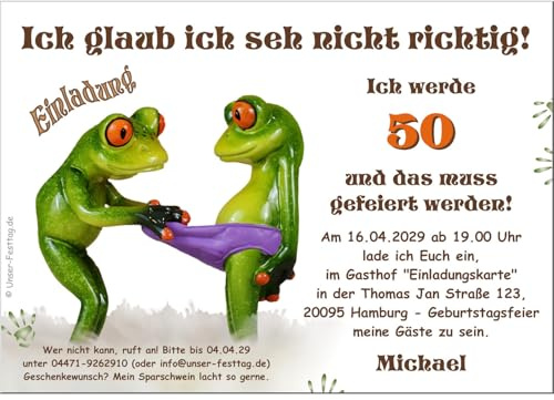 Geburtstagseinladungen runder Geburtstag lustig 50 60 70, für jedes Jahr | möglich, selber gestalten, als digitale Datei (JPG Foto) oder gedruckt auf Feinstkarton. 1 - 100 Karten