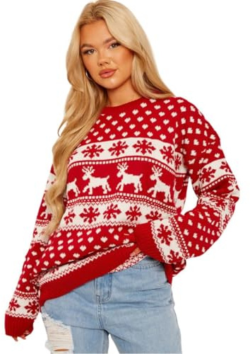 janisramone Womens Ladies New Unisex Christmas Reindeer Snowflake Novelty Knitted Unisex Xmas Jumper Sweater Top, 43687, Red