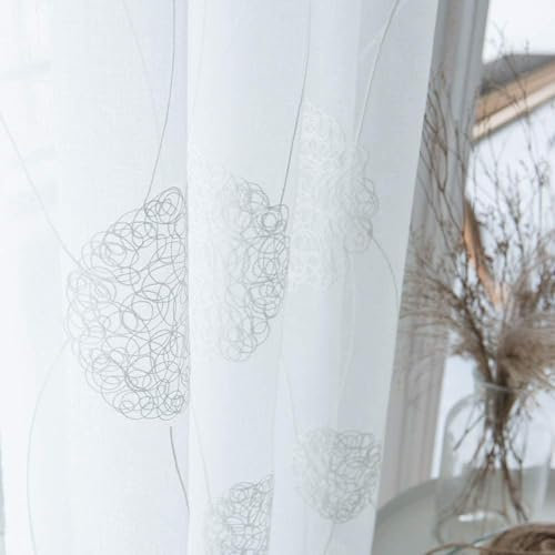 MRTREES Voile Vorhänge halbtransparent Vorhang kurz im Blumen Stickerei Modernen Wohnstil Sheer Gardinen Weiß 225×140cm (H × B) für Wohnzimmer Schlafzimmer Kinderzimmer 2er- Set