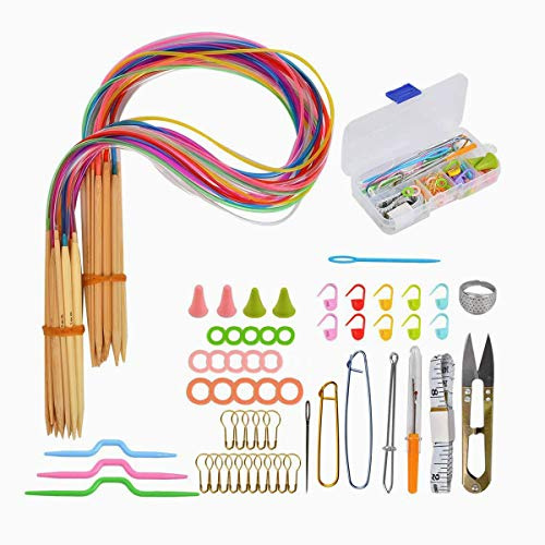 RoadLoo Agujas Punto Circular, 18 Pairs 2 mm - 10 mm Round Color Tube Bamboo Agujas Knitting Needle Set Agujas Tejer Circulares Bambú Circulares Knitting Needle Agujas con Ganchillos Accesorios (76)