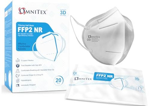Omnitex FFP2 Face Mask - Box of 20, Individually Wrapped | High Filtration - 5 Layers | EN149 CE Certified | Hypoallergenic | Fluid Resistant | Ear Loops & Adaptable Nose Bridge