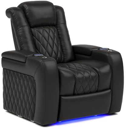 Valencia Tuscany Home Theater Seat - Nappa Leather Power Recliner with Cool Gel Memory Foam, USB-C/A Charging, RGB LED Lights, Adjustable Lumbar & Headrest (Single Recliner,Black)