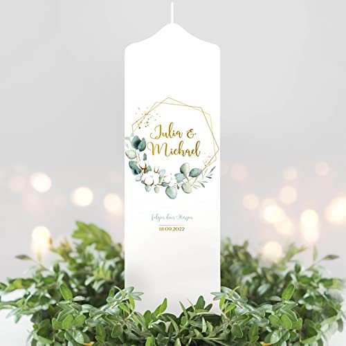 Wandtattoo Loft Hochzeitskerze personalisiert mit Namen und Datum + Gastkerze, Motiv mit Eukalyptuszweig, 25cm x 7cm, personalisierte Traukerze, Hochzeit Kerze selbst gestalten, Hochzeitsgeschenk