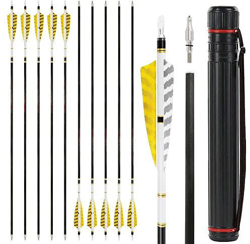 SHARROW Bogenschießen Carbonpfeile 31 Zoll Jagdpfeile Bogenpfeile Pfeile für Bogen Spine 250/300/350/400/500/600 mit Truthahnfedern für Außenaufnahmen (Spine 600, 12 Stück+Köcher)