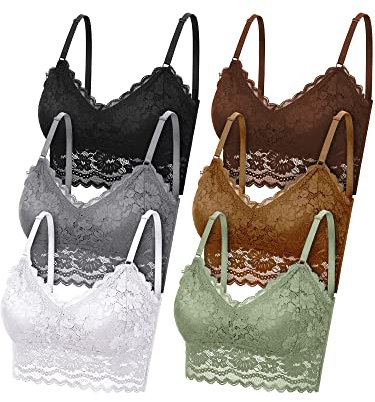 Geyoga 6 Pack Women's Lace Cami Top, Wireless Bralette Floral Non Padded Bandeau Bras with Straps(Black, Dark Chocolate, Chocolate, White, Olive Green, Dark Gray,Large)