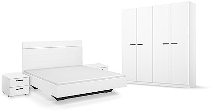 Rauch Möbel Florenz, Schlafzimmer-Set, Farbe Weiß, 4-teilig | Set bestehend aus Bett, Liegefläche 180x200cm, Nachttisch-Paar, je 2 Schubladen 40x36x40cm, Kleiderschrank 181x210x54cm