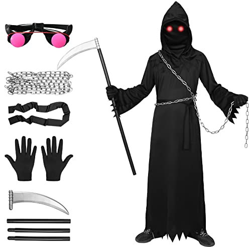 Sensenmann Kostüm Herren Erwachsener Kinder Glühende Augen Leuchtend für Gruselige Phantom Halloween Dress Up Party Cosplay Set mit Brille Sense Kette Gürtel Kinder,S