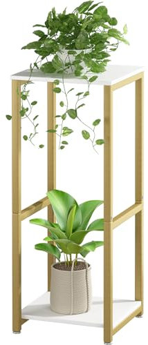 YIZAIJIA Pflanzenständer für den Innenbereich, eckig, hoch, 2 Etagen, Metall, moderne Blumenaufbewahrung, Pflanzenregal für Wohnzimmer, Balkon, Garten, Gold (2 Etagen, Gold)