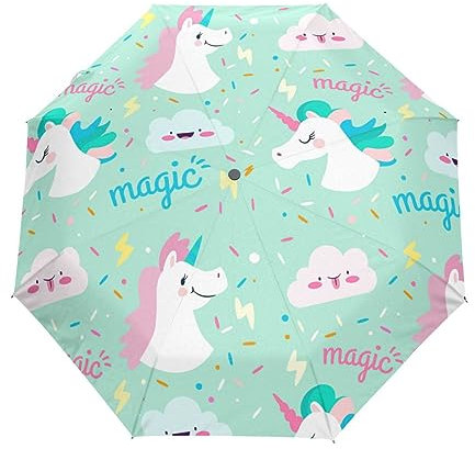 Kunst Süß Pony Einhorn Regenschirm Taschenschirm Kinder Jungen Mädchen UV-Schutz Auf-Zu Automatik Umbrella Verstärkt Winddichte Zusammenklappbar