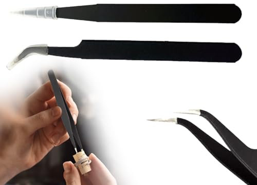 KAPSING Pack de 2 Pinzas de Acero Inoxidable Antiestáticas de Precisión - con Punta Recta y Curva para Extensión de Pestañas (Negro)