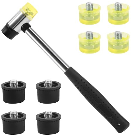 Double-Sided Rubber Mallet with 8 Replaceable Rubber Head Shockproof Rubber Hammer 25mm for Jewelry Leather Crafts Black Yellow