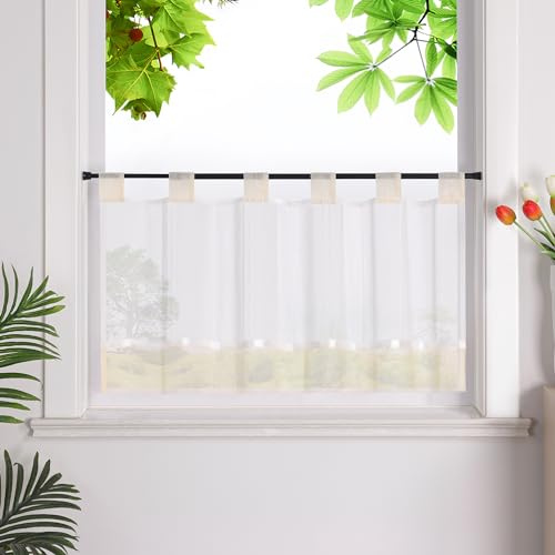 HeichkelL Scheibengardine, Leinenoptik Gardine, Beige HxB 45x90 cm | Küchengardine mit Schlaufen, Halbtransparent Bistrogardine, Landhausstil Kurzstores