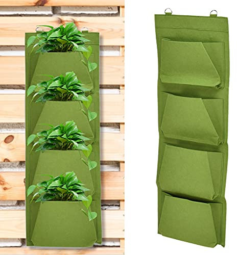 belupai Pflanztasche zum Aufhängen an der Wand, 4 Taschen, hängende Pflanztasche, grüne Filzblumen-Wachstumsbeutel, vertikale Wandmontage, Blumenbehälter für den Innen- und Außenbereich, Garten, Hof