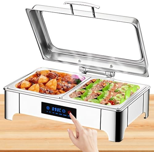 BOVDC Chafing Dish Electrico, 9L Calentador de Comida Electrico para Buffet Acero Inoxidable, Chafing Dish Buffet Temperatura Regulable con Tapa Visible(B, 1/2 Pan)
