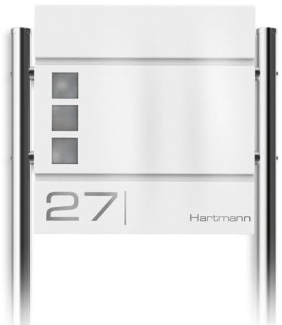Metzler Standbriefkasten Cube in RAL 9016 Verkehrsweiß - Name & Hausnummer als Lasergravur - Design Briefkasten mit Zeitungsfach, Sichtfenster & Ständer - Größe: 37 x 37 x 10,5 cm - Höhe 120 cm