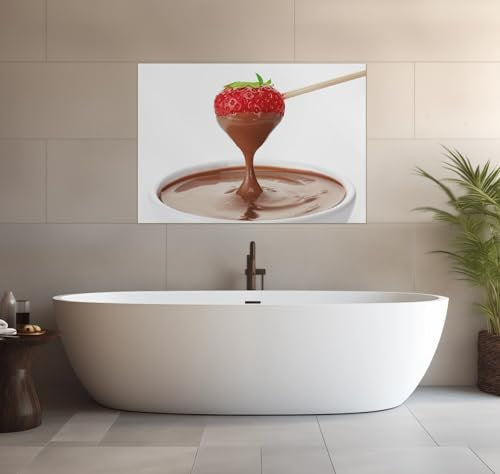 Wallario wasserfestes Poster selbstklebend 70 x 100 cm, Schoko-Fondue mit Erdbeer am Stiel, Badezimmerposter Spritzschutz mit Hochglanzoberfläche in Glasoptik