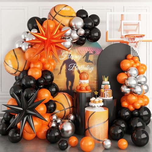 Luftballon Girlande Basketball mit Sternballons, 111 Stück Orange und Schwarz Ballongirlande, Orange Silber Schwarz Ballons für Jungen Geburtstag Baby Shower Sport Thema Party Deko