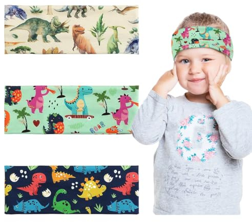 3Pcs Bandeaux Large Cheveux Garçon Headband Serre Tête Élastique Forme Dinosaure Dessin Animé Bandeau de Course Yoga,bandeaux de transpiration pour enfants, bandeaux de football, garçons, sports