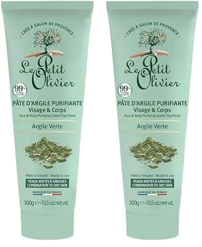 LE PETIT OLIVIER - Pâte D'Argile Purifiante - Argile Verte - Visage & Corps - Purifie - Peaux Mixtes A Grasses - 99% D'Origine Naturelle - Fabriqué en France - 300g (Lot de 2)