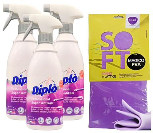 SET: 3x Detergente Spray Professional SUPER ANTIKALK. Elimina Calcare, Ruggine e Sporco 700ml + Panno In Lattice SOFT, Formato 30x30