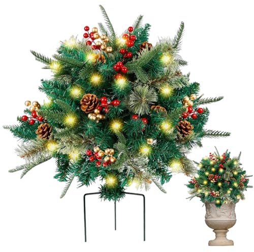 Christmas Decorations LED Lighted Artificial Christmas Tree Pot Filler with Stake and Cones Christmas Pine Trees Berries Planter Filler for Outdoor Front Porch