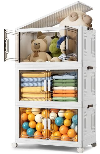 BTGGG 3er Pack Aufbewahrungsbox mit Deckel 54L*3 Stapelbare Aufbewahrungsboxen Kunstoffboxen Klappbox Plastikbox mit Deckel, Faltbare Aufbewahrungsbehälter Aufbewahrungsboxen mit Türen und Rollen
