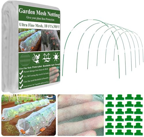 WYRJXYB Garden Mesh Netting Kit,10 x 30FT Ultra Fine Netting with 6 Sets Fiberglass Garden Hoops for Raised Beds Vegetable Plants Fruits Greenhouse Row Cover Birds Animals Barrier Protection Net