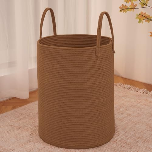 JMvicyroam Large Woven Laundry Basket Hamper,60L Cotton Rope Storage Bin for Blankets,Toys and Clothes,Decorative Tall Nursery Hamper for Living Room,Baby Nursery,Bathroom and Bedroom,Golden Jute