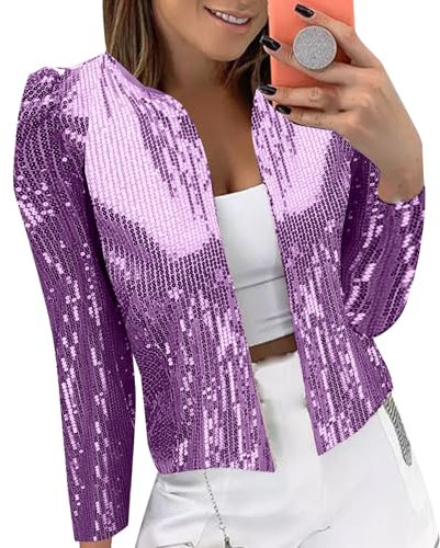 Blazer, blazer da donna, in oro, con paillette, blazer, da donna, taglie forti, blazer, blazer, blazer senza cappuccio, per business, Lilla, m