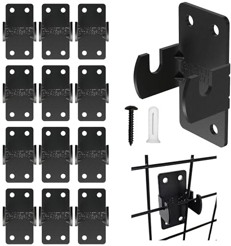 Grid Wall Hooks- 12 Pack Advanced Gridwall Mount Brackets with Reinforced Double Hook Design for Maximum Stability- Wall Mounting Hooks for Grid Wall Panel Display- Black Grid Panel Hooks