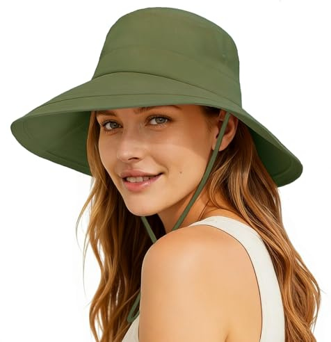 lifwimner Sun Hats for Women Wide Brim UV Protection, Foldable Ponytail Summer Hats Cap Waterproof Breathable Safari Bucket Hats for Beach Garden Fishing (Green)
