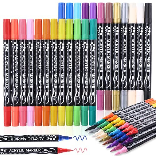 JOISHOP 24 Stück Farbige Acrylmarker,Bunte Acrylstifte Wasserfeste Multimarker Dual Brush Marker für Kunststoff, Glas, Metall, Reifen,Gewebtes Material,DIY Handmade