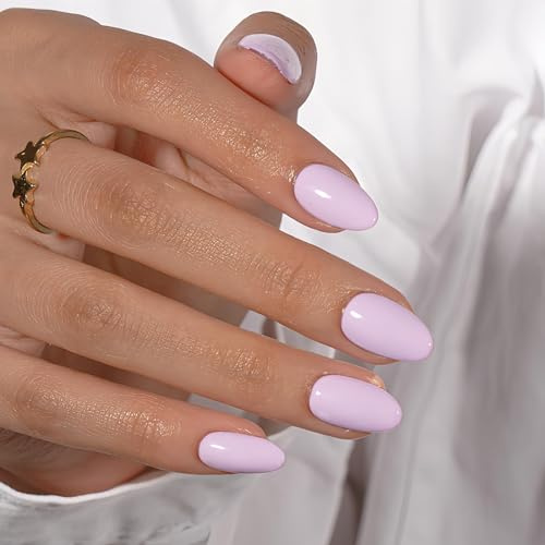 KQueenest Light Purple Press on Nails Short Oval, Short False Nails, Opaque Solid Lavendar Fake Nails Press ons, Reusable Soft Gel Stick on Nail for Women, 24 Pcs, Lilac