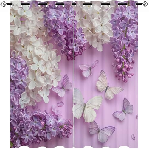 Genérico Mariposa Lila Blanca Infantil Cortinas Opacas Aislantes 2 Paneles 117An x 229Al cm PúRpura Suave Poliéster Cortina con Ojales para Salon Dormitorio Oficina Hotel Decorativa