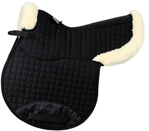 Merauno Numnah Tapis de selle en fausse fourrure en coton anglais avec dos transparent pour équitation de luxe absorbant les chocs respirant lavable en machine Noir/naturel