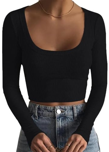 DUOEASE Tee Shirt Manche Longue Femme Col Rond Côtelé Crop Top Femme Slim Fit Basique Haut Noir L